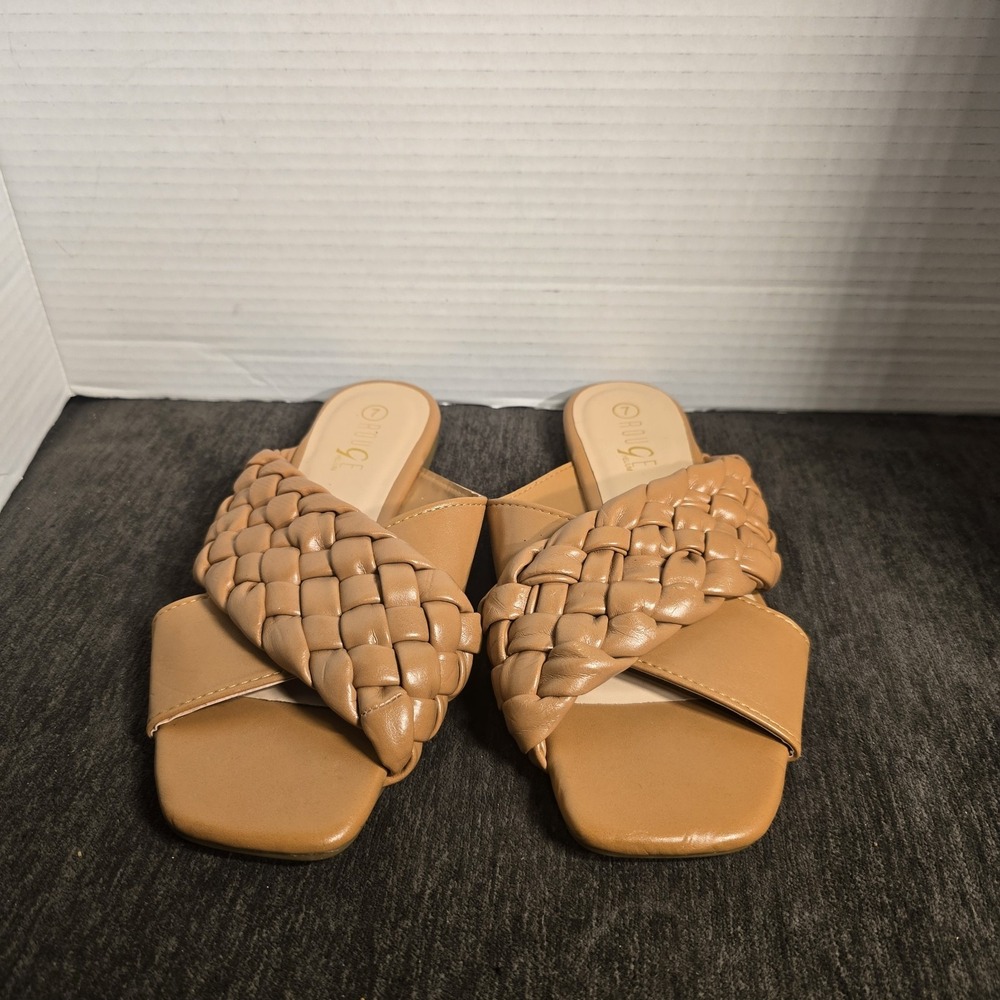 Rouge Helium Tan Braided Crisscross Square Toe Slide Sandals Womens 7 Flat Mules